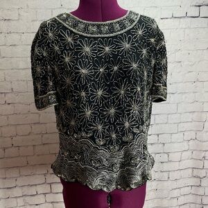 Papell Boutique Evening size XL black beaded blouse with flower motifs